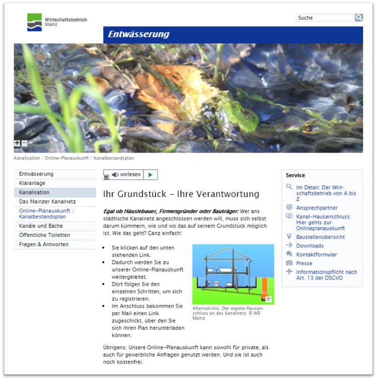 Diese Abbildung zeigt die Online-Planauskunft vom Wirtschaftsbetrieb Mainz.