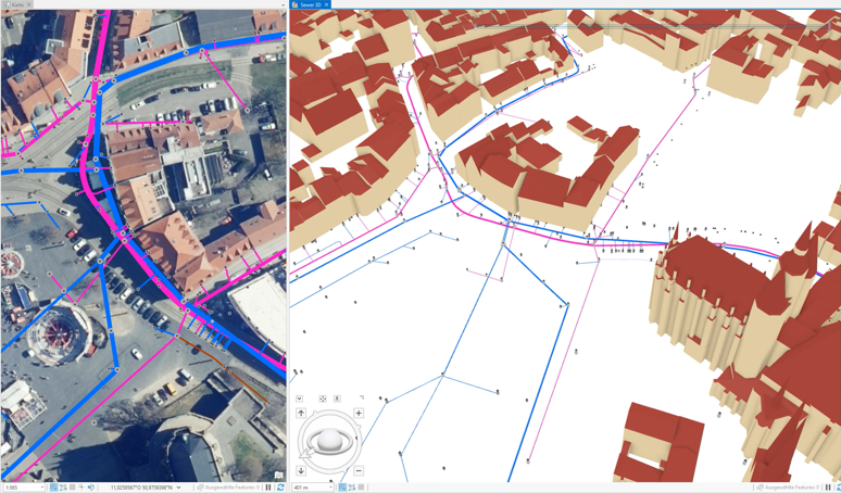 3D-Darstellung von Leitungen und Gebäuden in KADIS Pro. Hier zu sehen: das Stadtgebiet Erfurt
