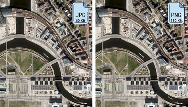 Dateigrößenvergleich bei einer Satellitenbild-Hintergrundkarte - hier ist JPG zu empfehlen 